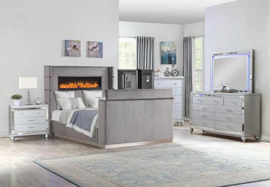 Lavish Modern Style 5 Pc Queen Bedroom Set Made with Fireplace in Headboard & TV stand in Footboard with Wood in Grey(NJ INVENTORY)
