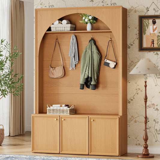 ON-TREND Farmhouse All-in-One Hall Tree with Adjustable Shelves, Retro Arched Entryway Storage Bench with 3 Cabinets, Wooden Coat Rack Organizer with 4 Golden Hooks for Mudroom, Hallway, Natural/Teak