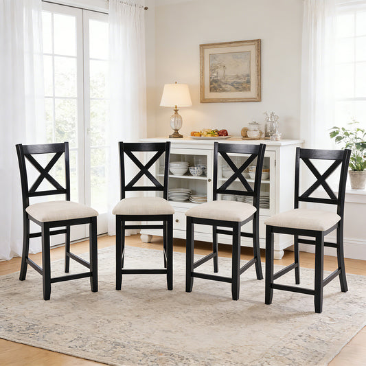 Dining Chairs Only, Wooden Counter Height Dining Chairs Set of 4, Kitchen Chair with Padded Seat, Upholstered Side Chair for Dining Room, Living Room, Kitchen, Black & Beige two tone