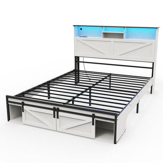 Farmhouse Queen Size Bed Frame with Storage Headboard,Charging Station & LED Lights,White