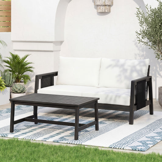 2 Piece Sofa Set with Cushions Outdoor Loveseat & Coffee Table Set – Acacia Wood Frame with Black Textilene, Water-Repellent White Cushions (Dark Grey Finish) for Patio/Backyard/Deck