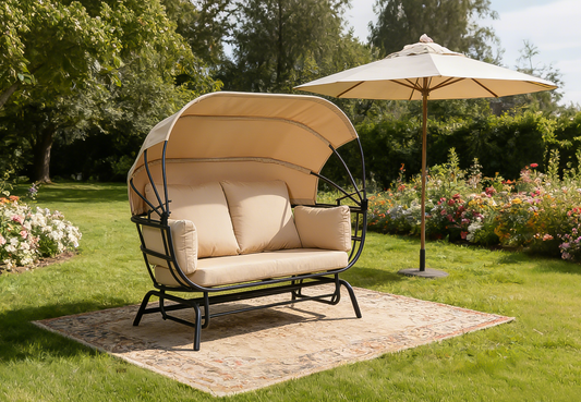 2-Person Outdoor Swing Chair with Adjustable Canopy, Modern Egg Shaped Rocking Lounge Chair with Thick Cushions & Pillows, Heavy-Duty Patio Hammock Chair for Garden, Balcony, Backyard