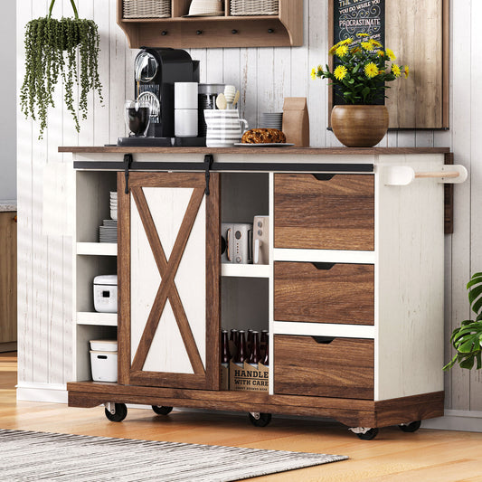 K&K 55.5' Farmhouse Kitchen Island with Drop Leaf, Kitchen Storage Island with Barn Door, Power Outlet, Rolling Kitchen Cart on Wheels with Spice Rack, for Home, Kitchen, Dining Room, White