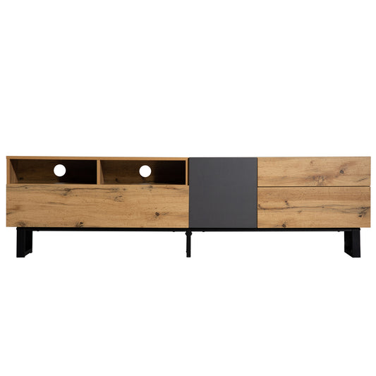Modern TV Stand for 80'' TV with Double Storage Space, Wood+Grey Media Console Table, Entertainment Center with Drop Down Door for Living Room, Bedroom, Home Theatre