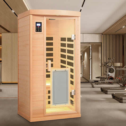 Low EMF, There is also a heating plate on the glass door, Hemlock wood Far-infrared indoor One person sauna room