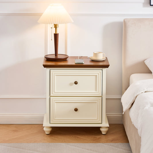 22.9' Mid Century Modern Nightstand with Charging Station & Outlet Hole & 2 Drawers, Wood End Table with Stroage, Side Cabinet with for Living Room Entryway Reception Room, Brown and White
