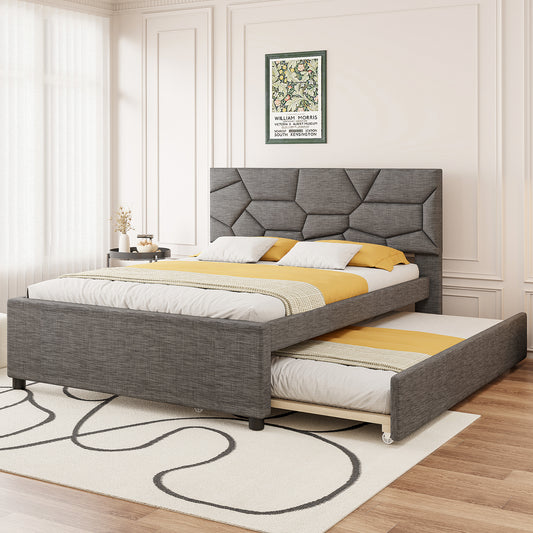 Queen Size Upholstered Platform Bed with Brick Pattern Headboard and Twin XL Size Trundle, Linen Fabric, Gray(OLD SKU: SF000004AAE)