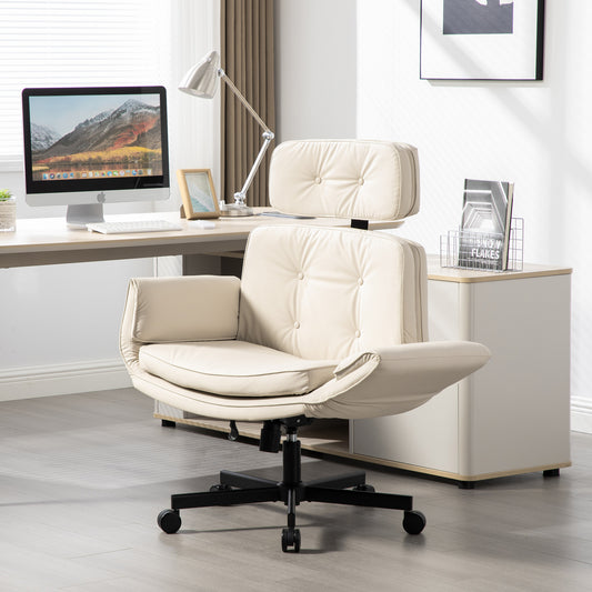 Criss Cross Chair with Adjustable Armrests & Wheels & Headrest, PU Lounge Vanity Desk Chair with Wide Seat for Cross-Legged Sitting, Swivel Task Office Chairs for Home, Makeup, Gaming, Office, Beige