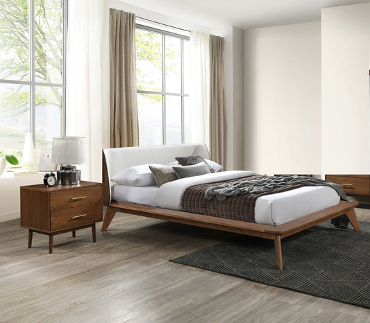 Gorgeous Walnut 3pc Bedroom Set Queen Size Bed 2x Nightstands Beige Upholstered Fabric Winged Edge Panel HB Mid-Century Modern Style