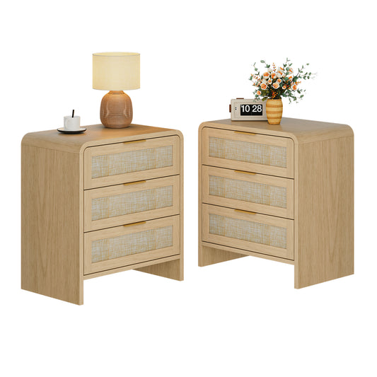 Rattan 3 Drawers Nightstand set of 2, 22.8' Wide Curved Wooden Bedside Table, Modern Storage for Bedroom, Natural Oak.