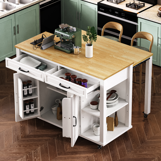 K&K 47 inch Kitchen Island with Extendable Dining Table, Rubber Wood Veneer Kitchen Table with Internal Storage Rack, Power Outlet, Kitchen island with Storage 2 Drawers 2 Cabinet,White