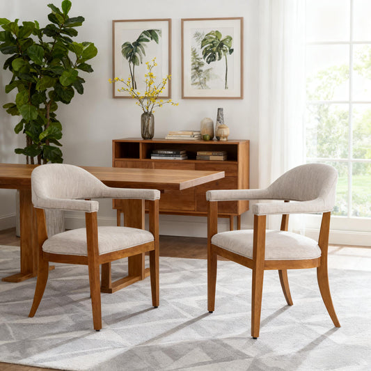 Wood Frame with upholstered Dining Chairs with Armrests (Set of 2),Walnut+Beige