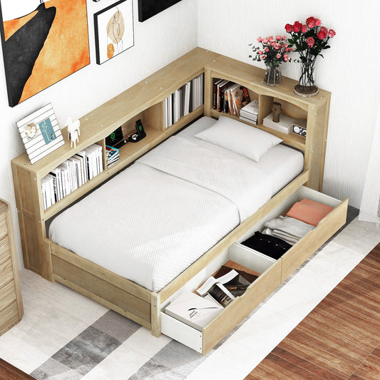 Twin Size Daybed with Two Storage Drawers, Storage Cabinets and USB Ports in Natural Wood Color, Solid Pine Wood + MDF