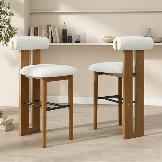 Renee Indoor Wooden Upholstered Barstool, Walnut Finished and White Upholstery, Set of 2