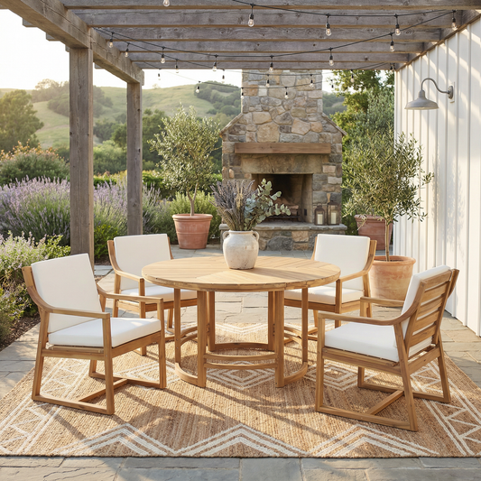 Outdoor Dining Set 5-Piece Outdoor Dining Set Patio Table And Chairs Set with Umbrella Hole for Patio, Backyard, Garden, Light Teak Wood+Beige Cushion