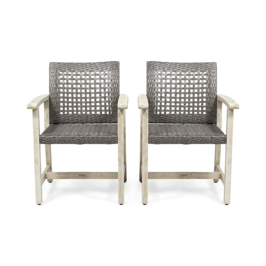 Outdoor Dining Chair Set of 2, Light Grey Wash Acacia Wood Frame and Mix Black PE Rattan Wicker