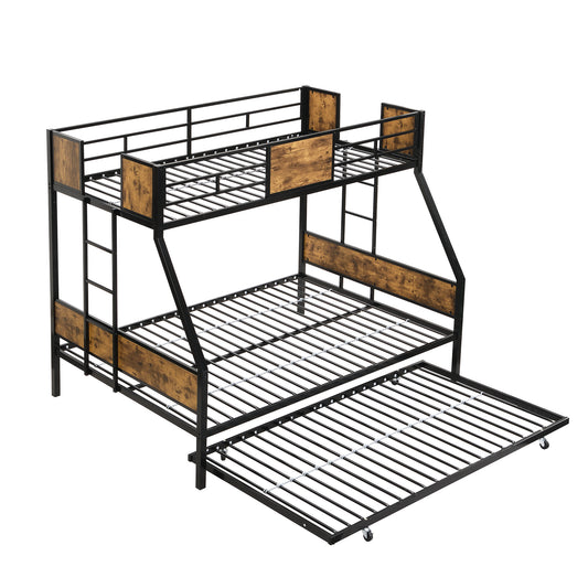 Modern Twin Over Full Metal Bunk Bed with Trundle and Dual Side Ladder, Black & Brown MDF and Metal Design, Easy Assembly