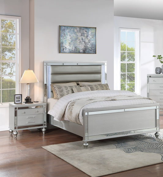 Bedroom Furniture Modern Queen Size Bed 2x Nightstands LED Lights Glass Panel Horizontal Tufting Silver