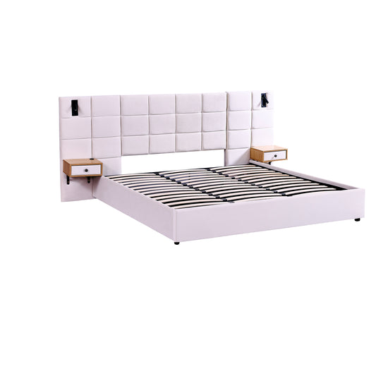 Modern Beige Velvet Upholstered King Size Hydraulic Platform Bed with Storage, Shelves, Reading Lamps and USB Port