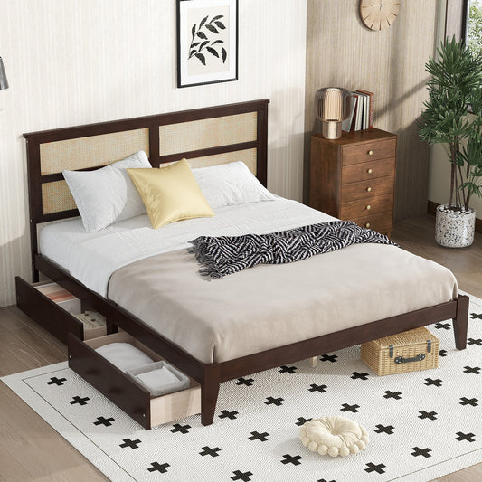 King Size Bed with Rattan Headboard, Two Storage Drawers, Rubber Wood Bed with Enhanced Support Slats and Feet,Espresso