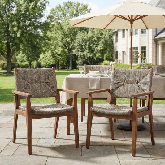 Durable Outdoor Dining Chair with Acacia Wood Frame, Handwoven Wicker Seat, Brown Finish, Patio Garden Furniture, (Compatible with Matching Table)