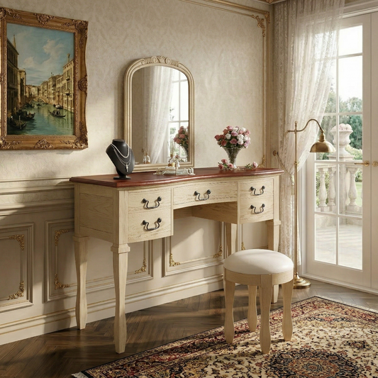46' Vintage Makeup Vanity with Curved Flower Frame Mirror, Elegant Dressing Table with 5 Drawers and Leather Stool, Vanity Desk with Solid Wood Legs and Antique Handles for Bedroom
