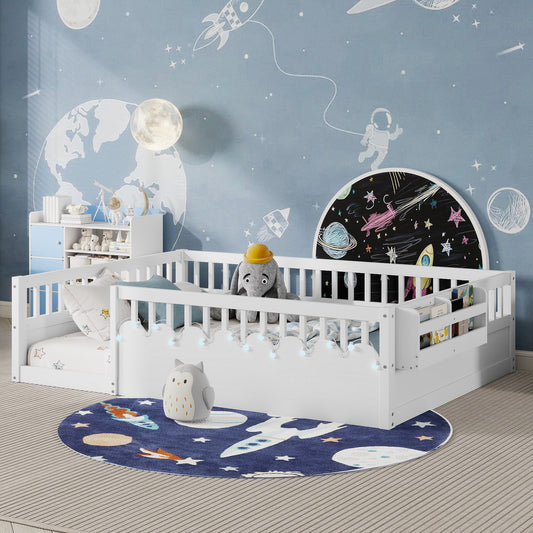 Full Montessori Floor Bed Frame with High Rails, Wood Kids Floor Beds with Light and Storage Shelf, White (Expect Arrival Date 2025/8/15)
