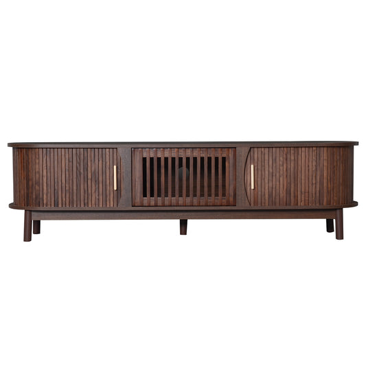 Modern Farmhouse TV Stand for 75' TVs, Wood Entertainment Center with Storage Cabinet, TV Console Table for Living Room, Bedroom in Dark Brown with Solid Wood Legs and MDF Construction