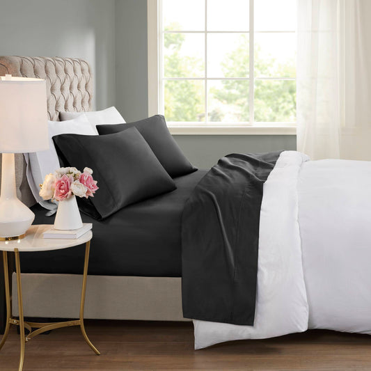 4-Piece Queen Cooling Cotton Blend Sheet Set, Black