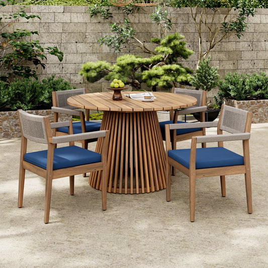 Patio Set Outdoor Acacia Wood Furniture Sets- Braided Dining Chairs(With Navy Cushion)and Patio Dining Table for Garden, Patio & Deck (Teak Look & Beige Rope)