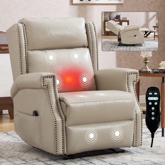 Beige Manual Recliner Chair in Faux Leather for Living Room with Heavy Duty Motion Mechanism, 8 vibrating nodes and 3 massage modes.