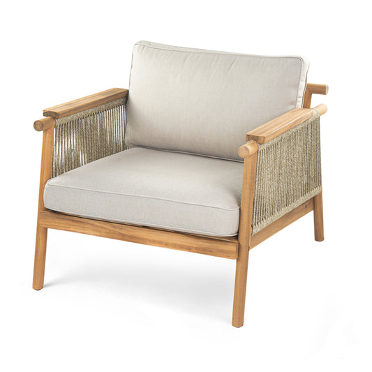 Sumbawa Outdoor Club Chair, Teak Finish, Rope-Woven Design, Acacia Wood, 29.50 x 32.25 x 22.75 inches