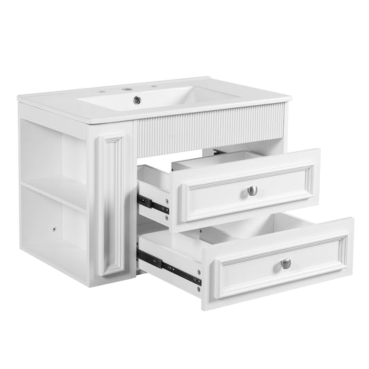 30'' Wall Mounted Bathroom Vanity with 2 Drawers, Modern Floating Storage Cabinet, White Ceramic Sink, MDF and Ceramic Construction