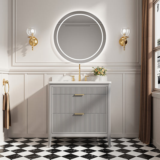 Fully Assembled 36'' Grey Freestanding Single Sink Bathroom Vanity with 2 Handle Sets and Engineered Marble Top