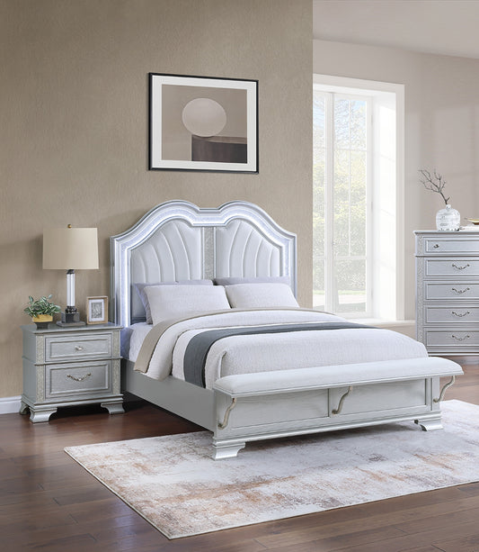 Contemporary Elegant Queen Size Bed 2x Nightstands Footboard Bench Upholstered HB 3pc Set Silver Bedroom
