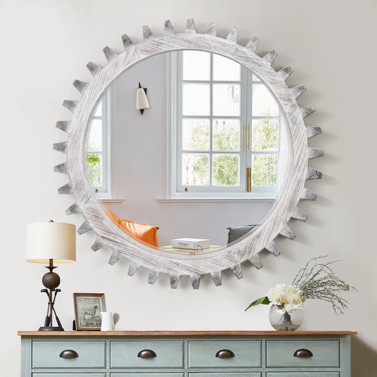 Vintage 42'' x 42'' Wood Round Hanging Gear Shape Heavy Decorative Mirror For Bathroom Living Room Entryway Or Put Together To Your Liking.(Antique White Washed)