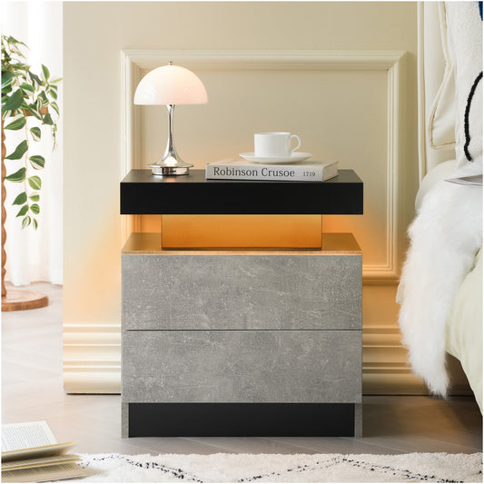 Nightstand LED Bedside Table Cabinet Lights Modern End Side with 2 Drawers for Bedroom (Black+Gray)