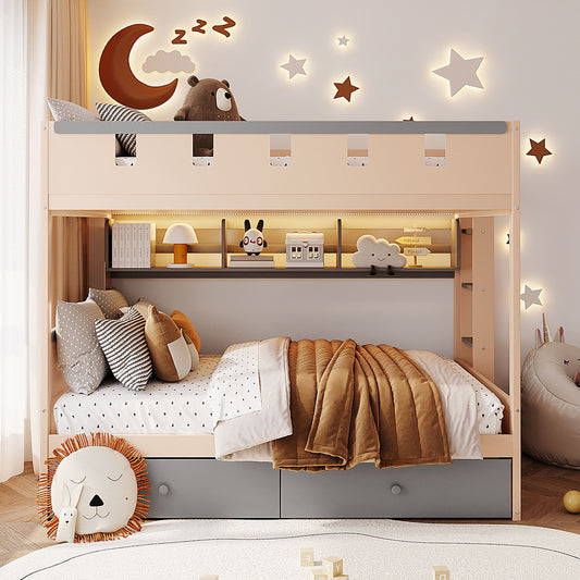 Full Size Castle Style Bunk Bed with 2 Drawers,Shelf,and LED,Gray+Antique Pink