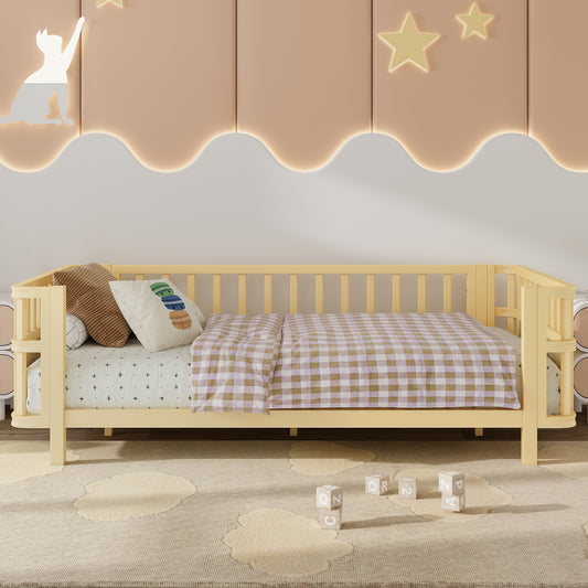Children's double wooden platform bed with railings, a low iron double bed with railings, suitable for girls and boys, (Twin,Natural)