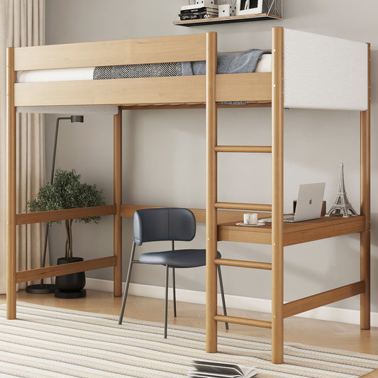 Twin Size Loft Bed with Desk, Boucle Upholstered Headboard and Footboard with Ladder, Safety Guardrails, Rubber Wooden Loft Bed,Natural