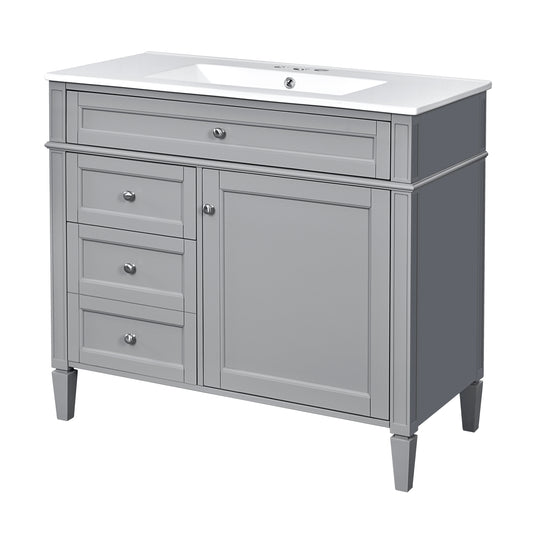Modern Grey Bathroom Vanity with Ceramic Top Sink, 2 Drawers and Tip-out Drawer, Rectangular Storage Cabinet, 36''