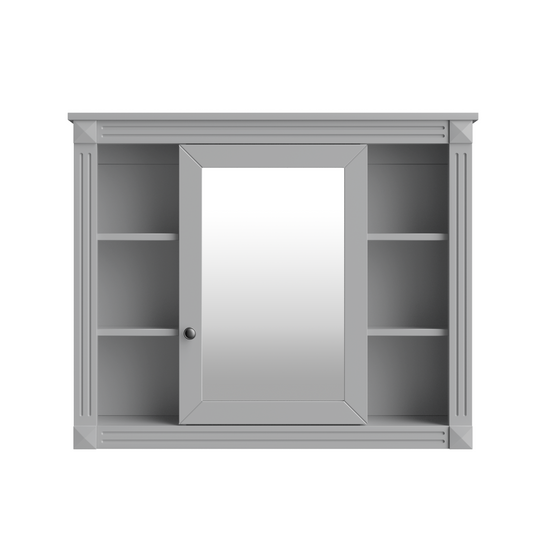 Modern Grey Wall Mounted Bathroom Storage Cabinet with Mirror, 35'' x 28'' MDF Medicine Cabinet with 6 Open Shelves and Adjustable Interior, Wall-Mounted Design