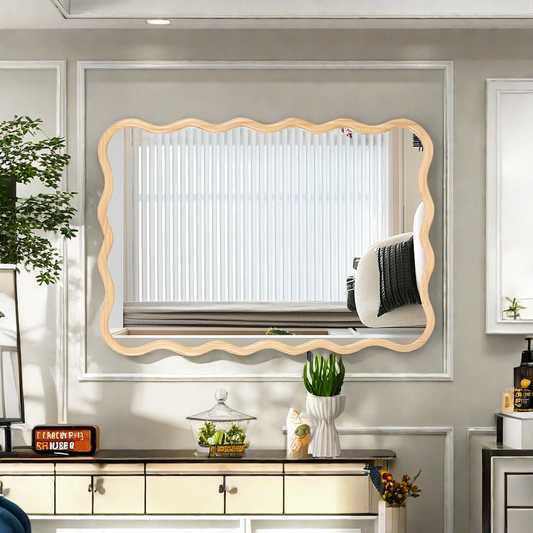 Solid Wood Wavy Rectangle Mirror-Natural-Wood 40' x 28' Modern Mirror Wall Decor for Bathroom, Bedroom, Living Room, Dining Room, Cloakroom, Entryway