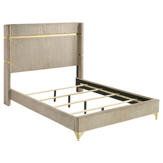 Malcolm Beige and White 5-Piece Queen Bedroom Set with Wingback Bed, Upholstered Velvet, White and Gold Finish