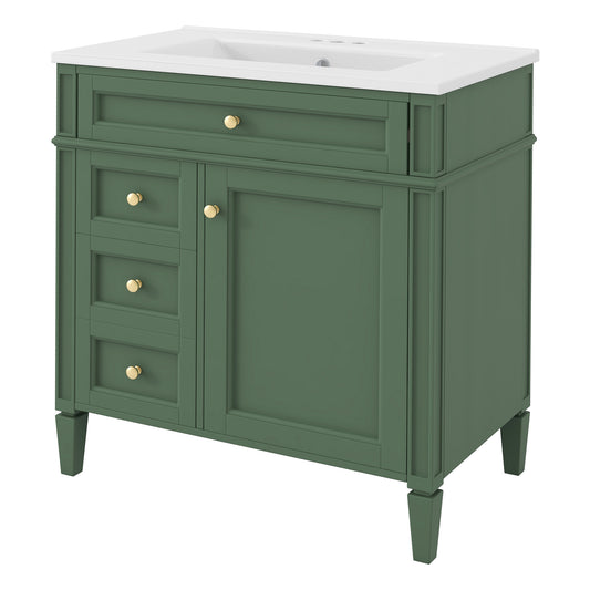 Modern Green Bathroom Vanity with Ceramic Top Sink, 30'' Storage Cabinet with 2 Drawers and Tip-out Drawer, Rectangular Design
