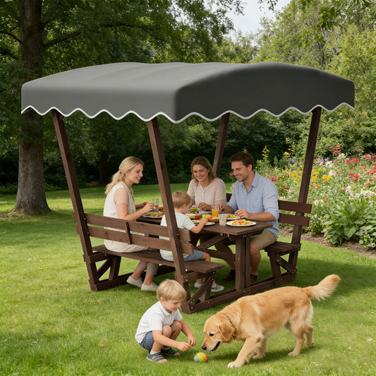 5'x3' Wooden Gazebo for Patio Garden, Outdoor Canopy with Waterproof Oxford Top, Bench with Backrest, Breathable Tabletop & Rust-Resistant Frame, for Park Beach Deck, Brown