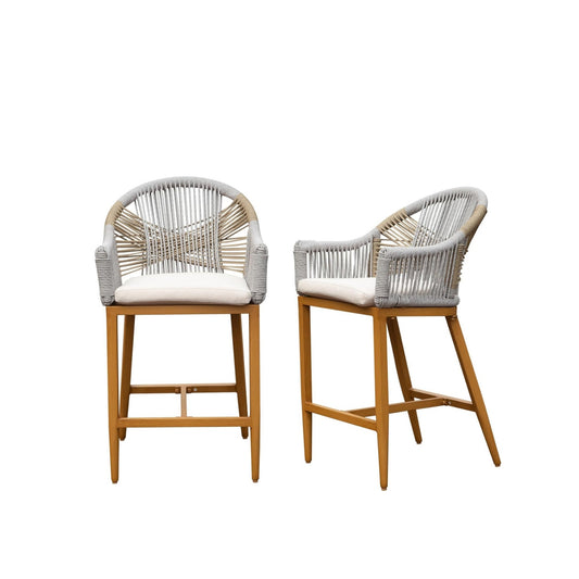 Bar Stools Set of 2 with Arm and Backrest, Outdoor Counter Height Bar Chairs with Cushion, Aluminum Tall Bar stools Modern Textilene Rope Boho Barstools for Garden, Pool, Patio, Kitchen-Rounded Backre