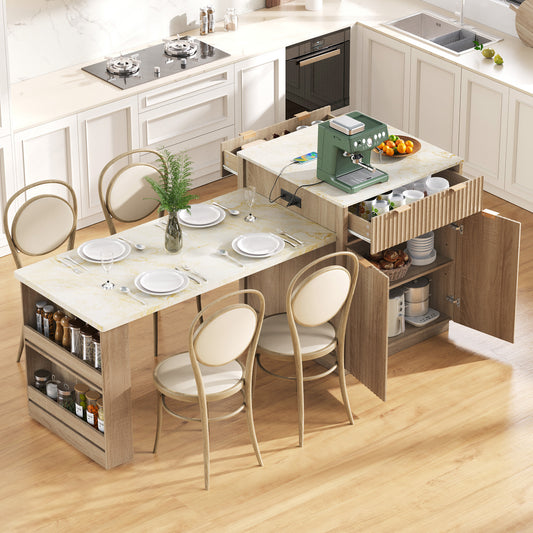 K&K 82.6' Fluted Kitchen Island with Extendable Dining Table for 4-6, Island Table for Kitchen with Power Outlet, Kitchen Table with Double-Side Storage, 2 Drawers 2 Side Open Shelves, Natural