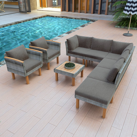 <Old SKU: FF201208AAE> 9-Piece Patio Rattan Furniture Set, Outdoor Conversation Set With Acacia Wood Legs and Tabletop, PE Rattan Sectional Sofa Set with Coffee Table, Washable Cushion, Gray