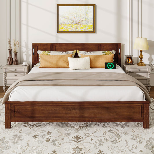 King Size Bed with Tall-Panel Headboard & Footboard, Built-in LED Lights, USB Charging Station, Pinewood Bed with Strengthened Bed Frame ,Walnut